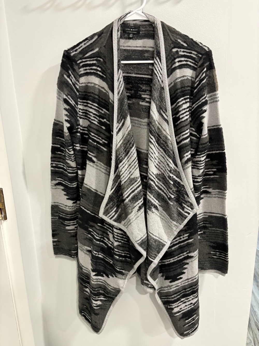 Lucky Brand Black and Gray Watercolor Draped Open-Front Cardigan
